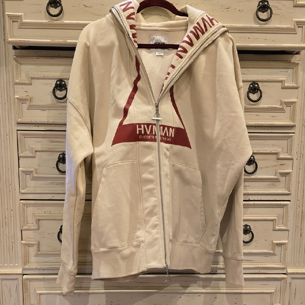Beige and Red Zip-Up Hoodie